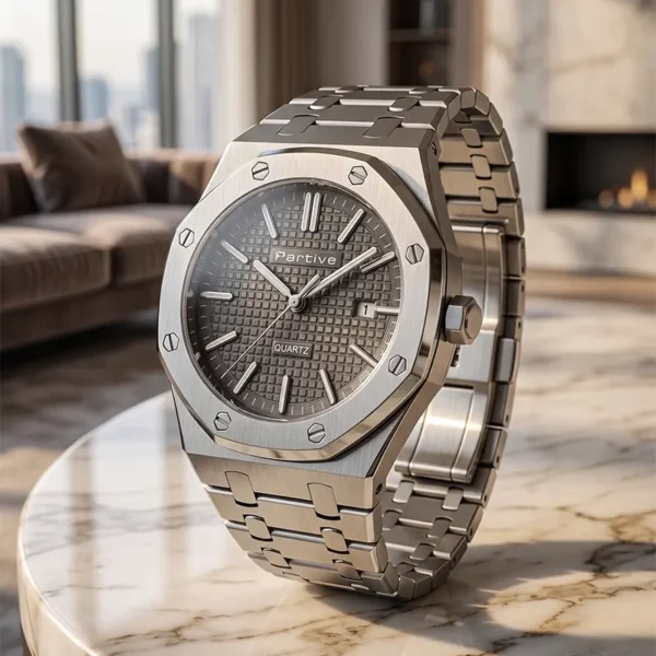 Luxury Silver Stainless Steel Quartz Watch for Men