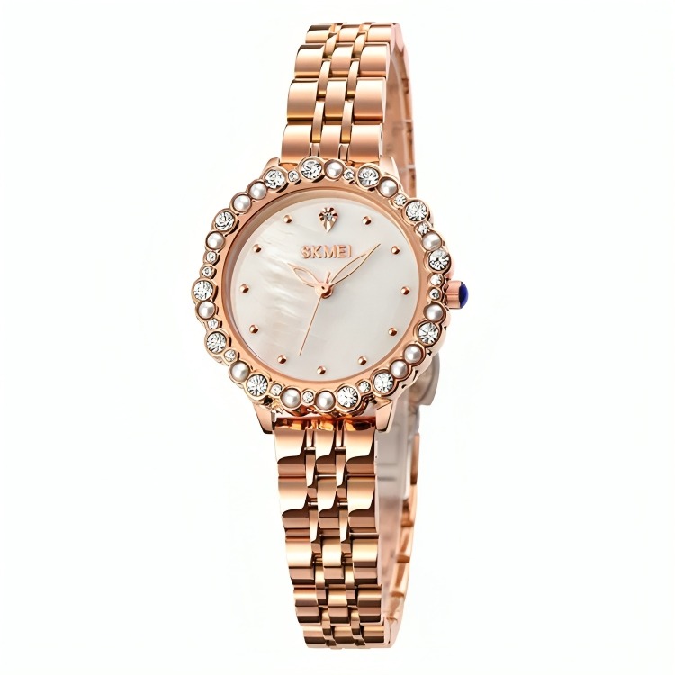 SKMEI Rose Gold Women's Watch
Luxury Women's Watch
Rose Gold Stainless Steel Watch
Crystal Bezel Watch
Mother-of-Pearl Dial Watch
Minimalist Quartz Watch
Fashionable Water-Resistant Watch
Elegant Women’s Timepiece
Gift for Her
Stylish Rose Gold Wristwatch